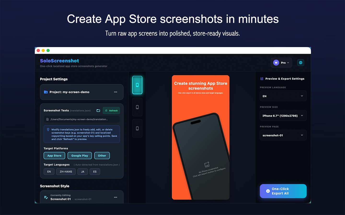 SoloScreenshot editor preview with localized app store screenshots